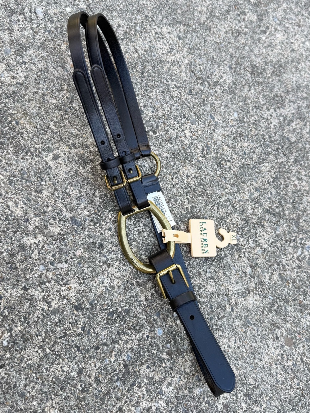 Lauren Ralph Lauren Black Leather Double-Strap Belt with Gold Ring Accent - Picture 2 of 10